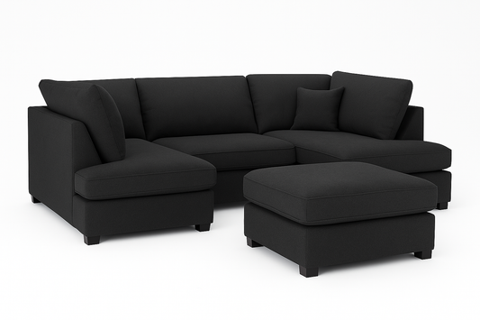 Carnaby Cinema U-Shape Sofa – Black | Large Linen Polyester Corner Sofa with Footstool