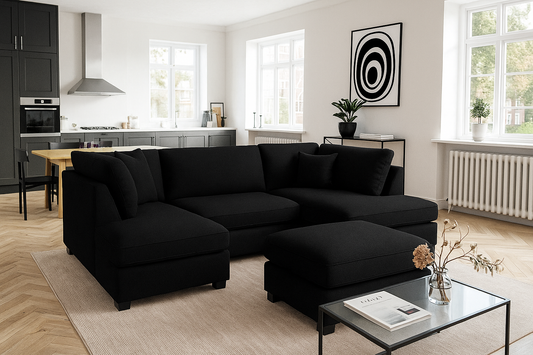 Carnaby Cinema U-Shape Sofa – Black | Large Linen Polyester Corner Sofa with Footstool