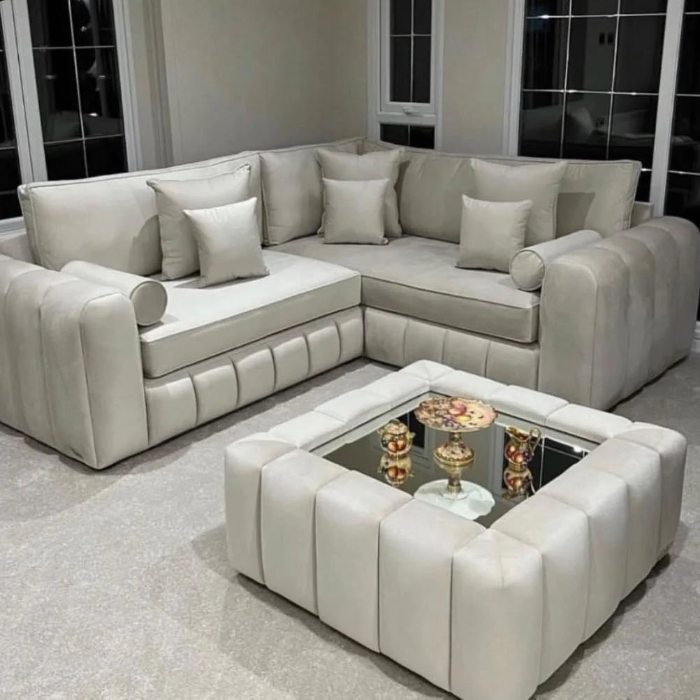 Lilly Cream Plush Velvet 5 Seater L-Shape Corner Sofa