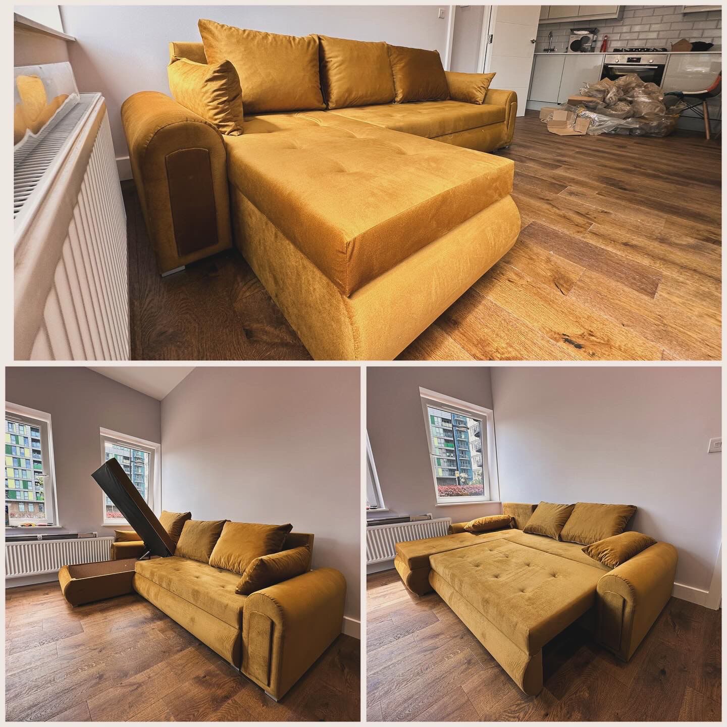 Berlin Universal Corner Sofa Bed with Storage – Mustard Gold – Left or Right Facing – Modern Convertible Sofa Bed UK