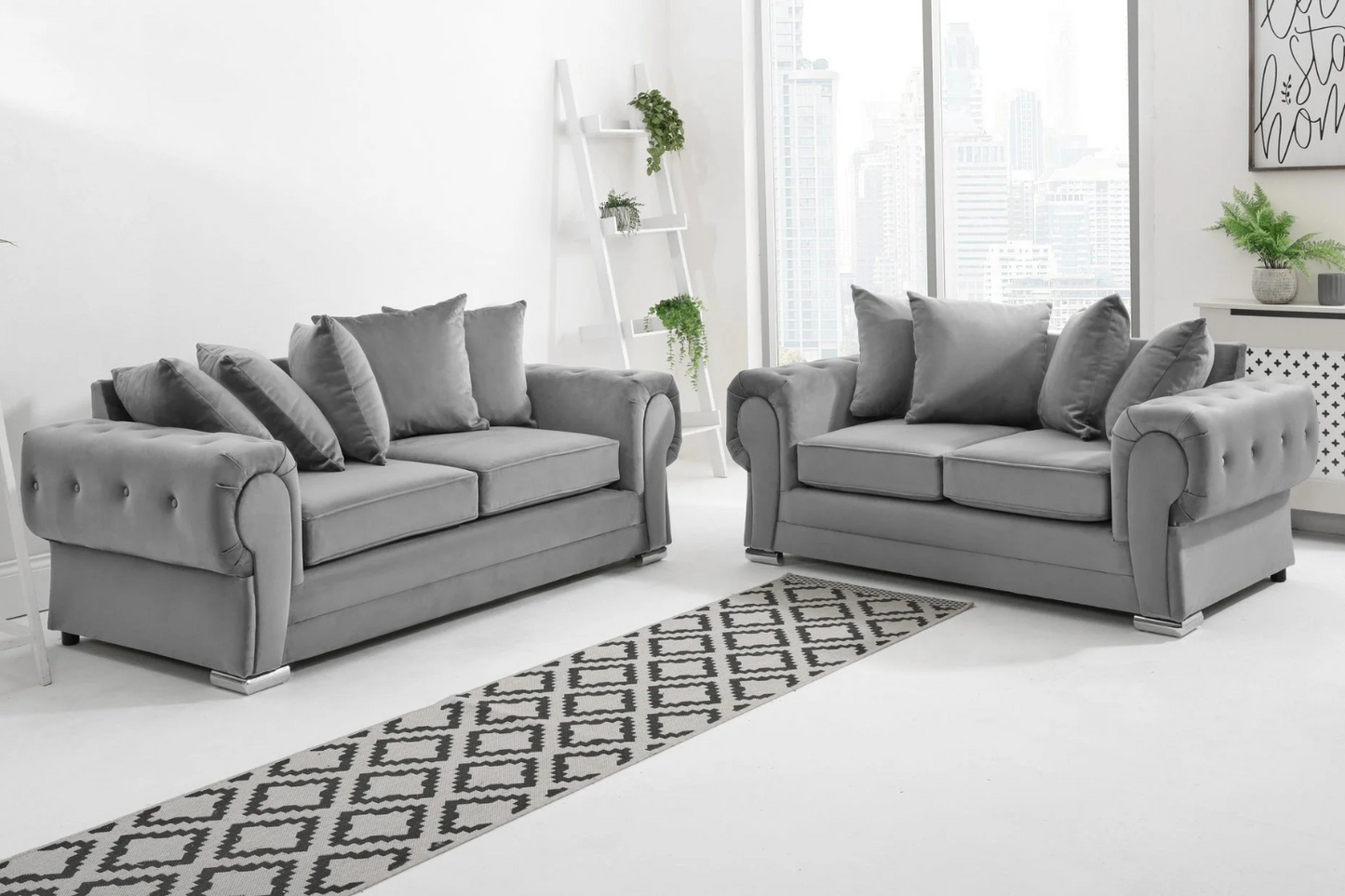 Verona 3+2 Seater Sofa Set in Silver – Chenille Fabric Scatterback & Fullback Sofas
