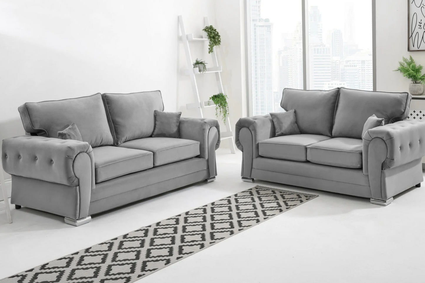 Verona 3+2 Seater Sofa Set in Silver – Chenille Fabric Scatterback & Fullback Sofas