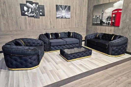 Luxurious Black Velvet Chesterfield Sofa Set – 3+2+1 | 3+2 | 2+1