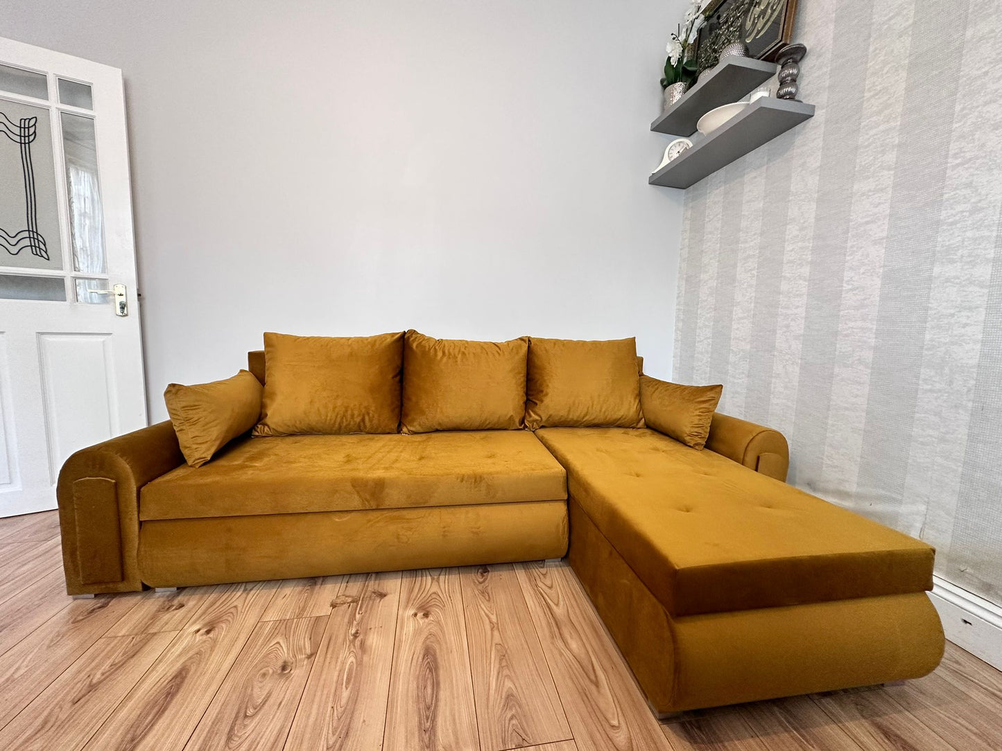 Berlin Universal Corner Sofa Bed with Storage – Mustard Gold – Left or Right Facing – Modern Convertible Sofa Bed UK