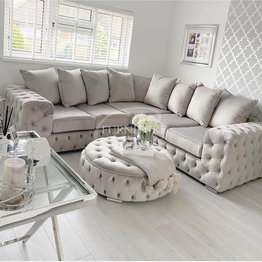 Ashton Chesterfield 7 Seater Corner Couch – Cream Plush Velvet Sofa with Blue Foam Seating Cushions